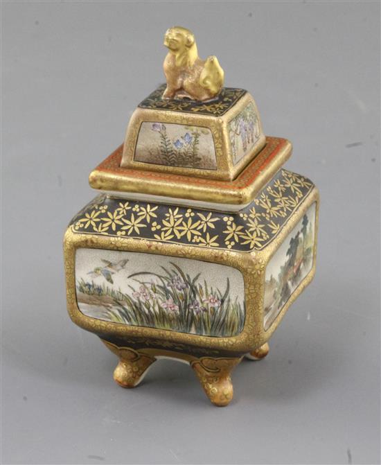 A Japanese satsuma pottery square koro and cover, by Kinkozan, Meiji period, height 10.3cm